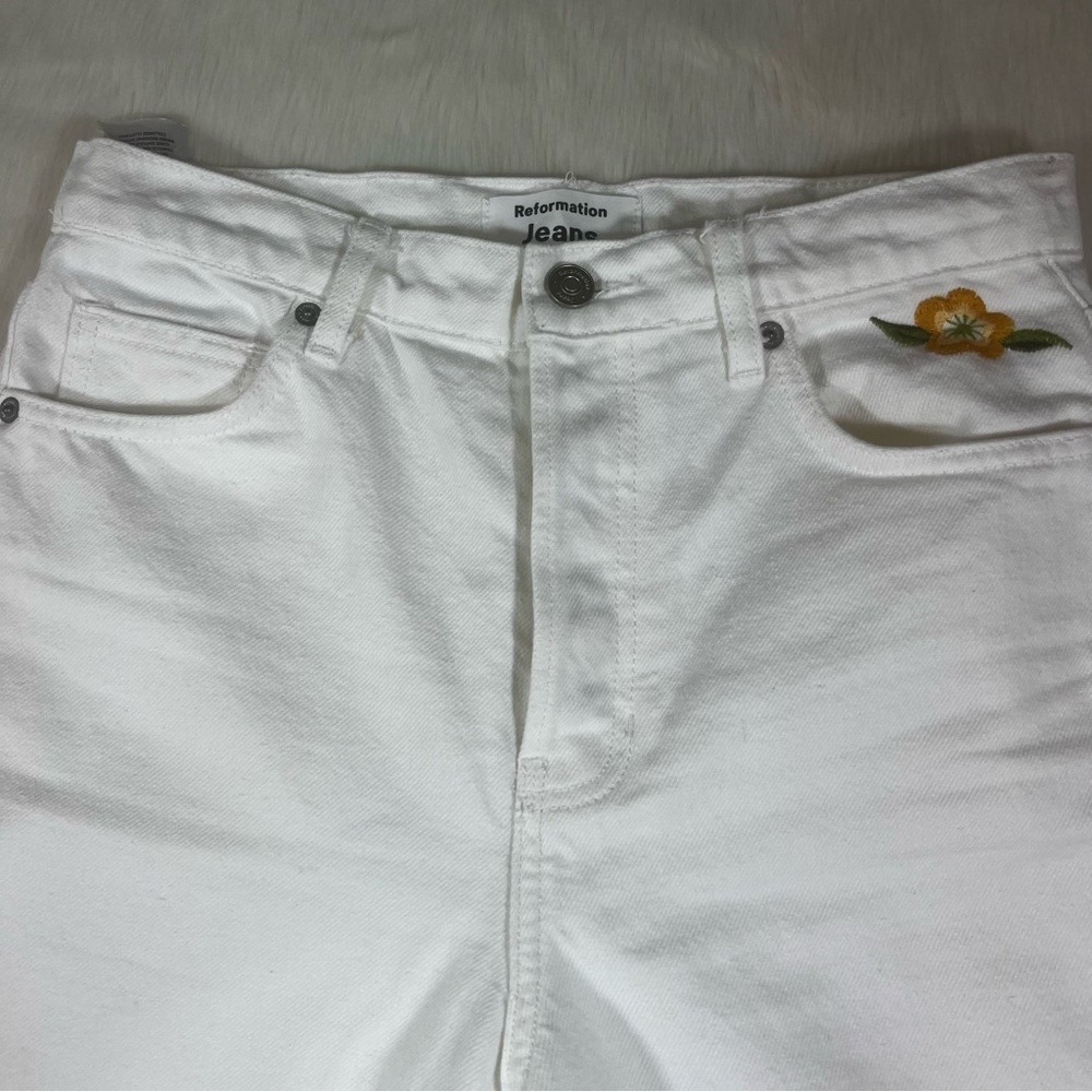 Reformation White Cynthia Straight Leg Mid Rise Denim Jeans size 27 embroidered - Picture 9 of 12